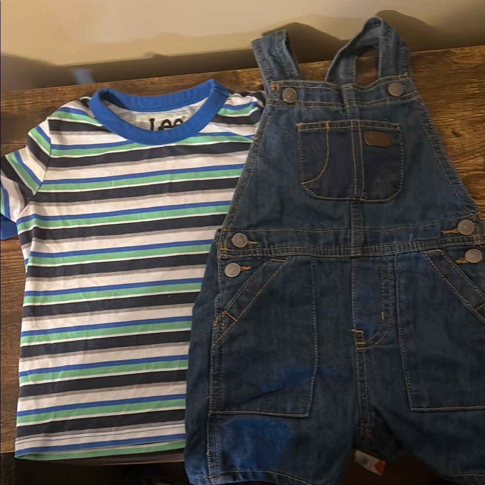 Lee Kids Blue Denim Overalls and Striped T-Shirt Set